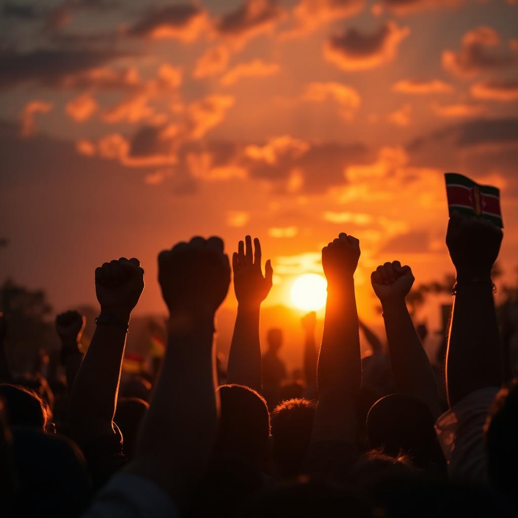 Kenyans raising hands together at sunset in a call for reform